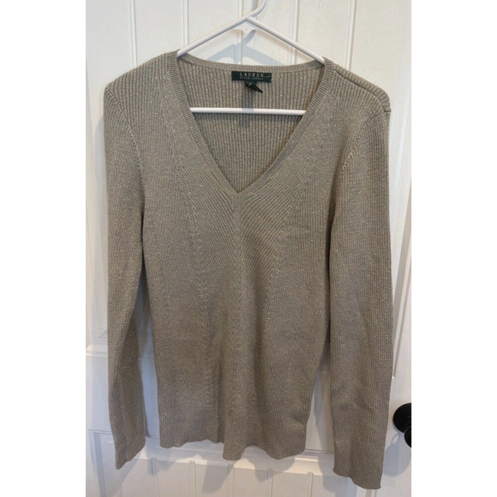 Ralph Lauren Women Sweater XL Gold Metallic Knit V-Neck Shimmer Ribbed Pullover